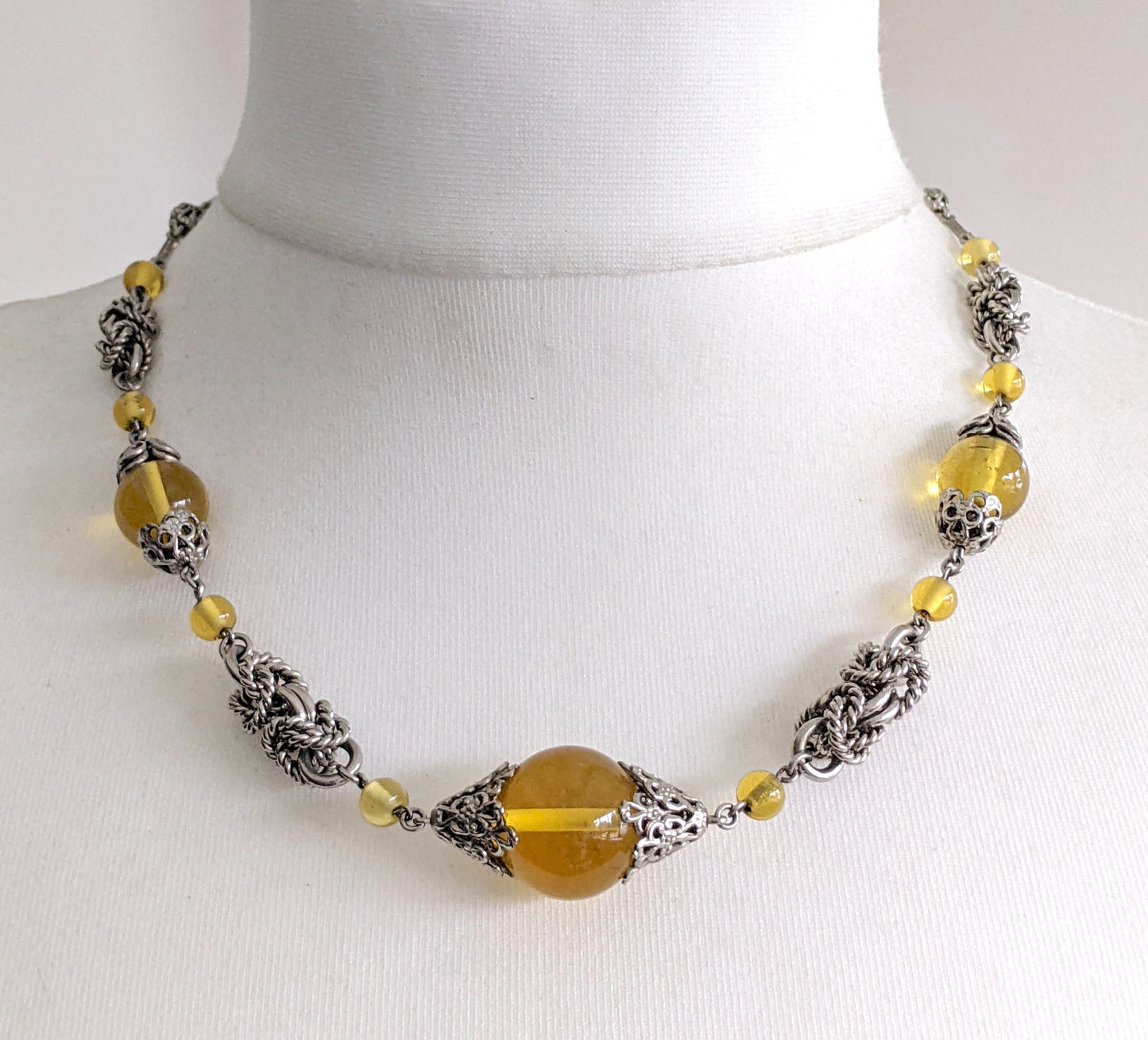 Vintage Art Deco yellow glass and chrome machine age necklace - Jakob Bengel attributed, mint condition, unusual colour