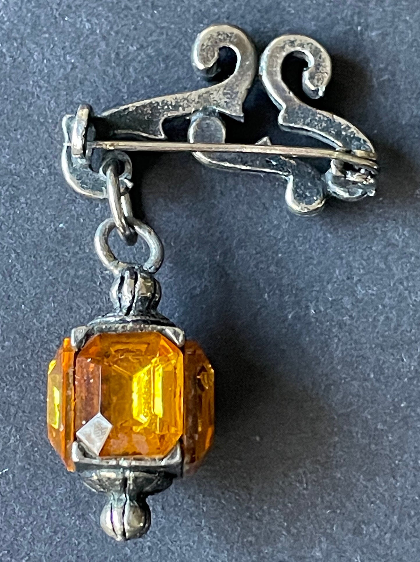 Quirky vintage figural hanging lantern brooch with citrine / topaz yellow orange rhinestones set in silver tone