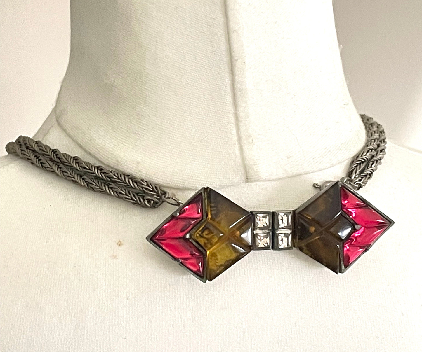 Vintage Art Deco machine age bow buckle clasp double strand silver tone thick chain necklace, pink and yellow early plastic / celluloid