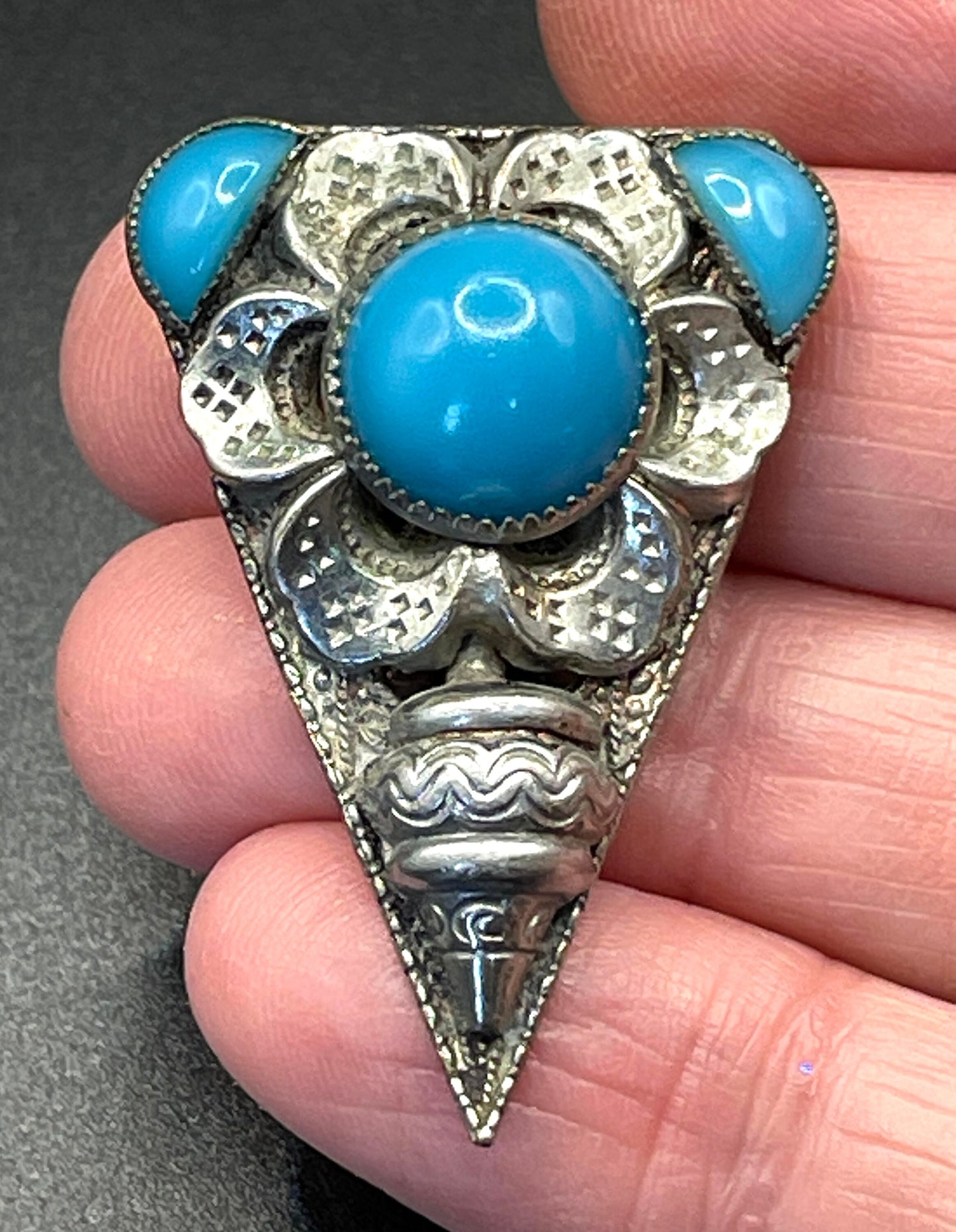 Vintage Art Deco Czech Neiger Brothers, Max Neiger faux turquoise glass cabochon and silver tone dress clip