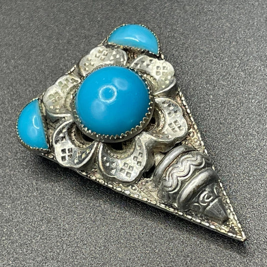 Vintage Art Deco Czech Neiger Brothers, Max Neiger faux turquoise glass cabochon and silver tone dress clip