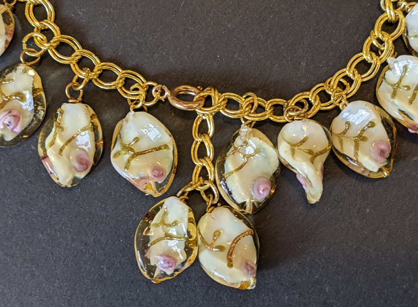 Vintage Art Deco Venetian wedding cake glass bead and gold tone charm bracelet, white, pink and gold, floral rose design, beautiful