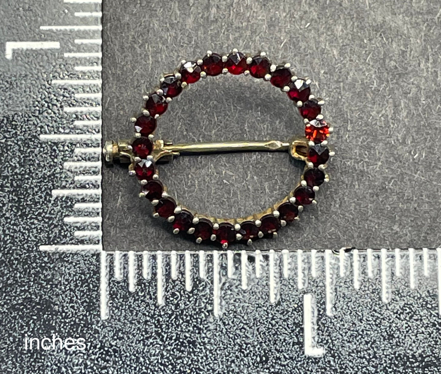 Petite vintage / antique Bohemian garnet circle brooch, rose cut stones set in hallmarked sterling silver gilt, trombone clasp