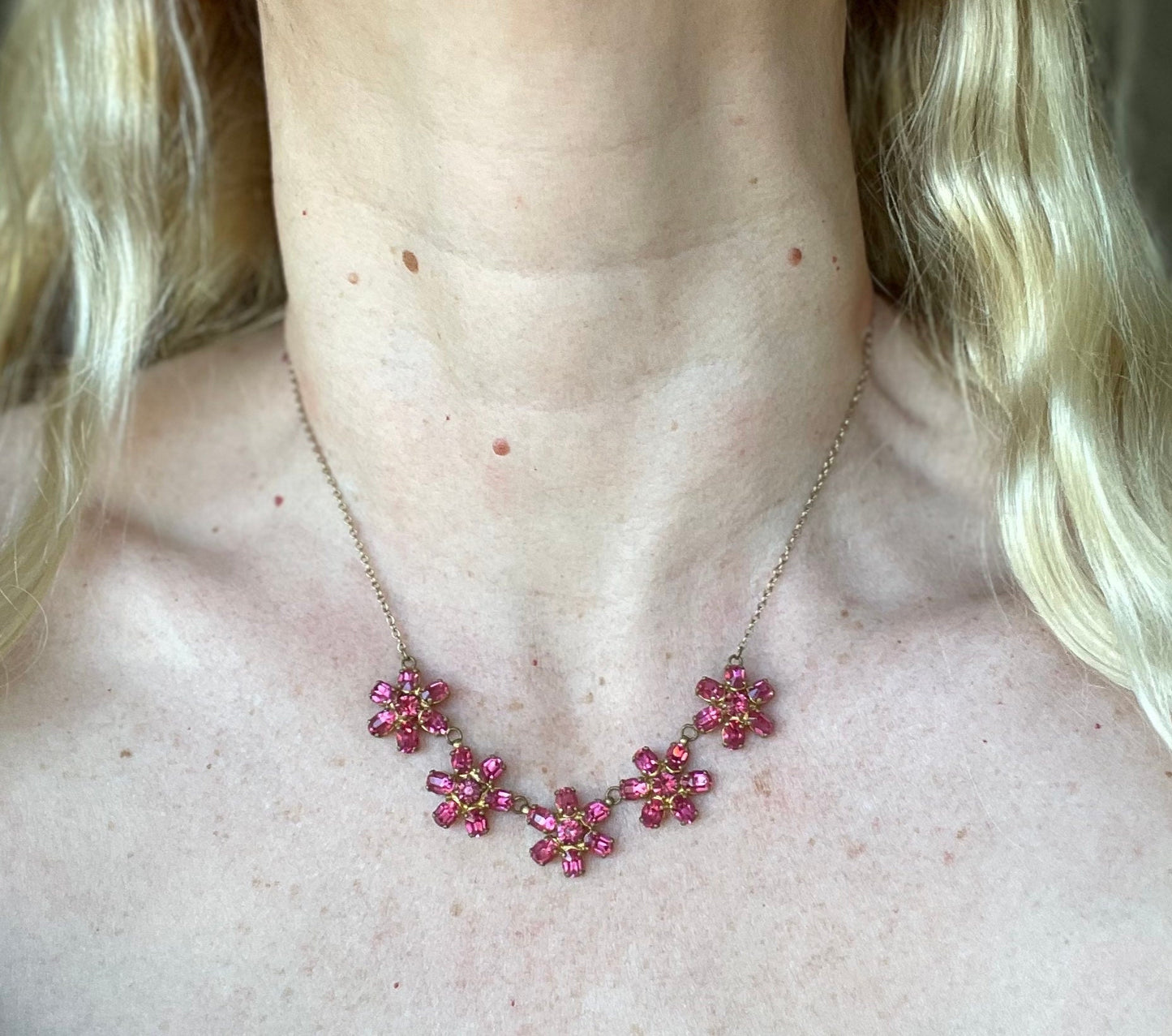 Vintage crystal floral design pink ruby coloured rhinestone necklace and earrings set- bright rhinestones set open-backed in gold tone