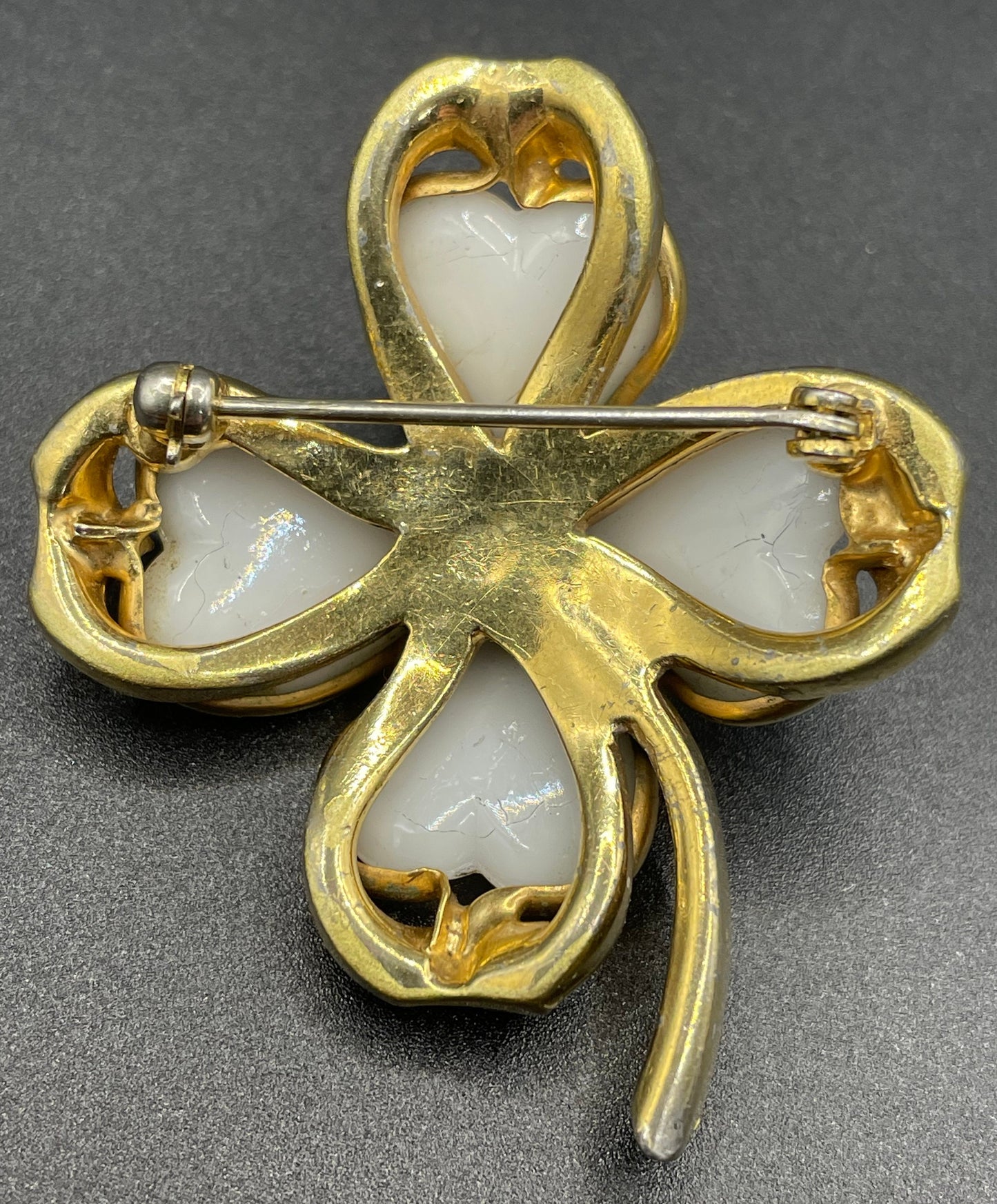 Vintage milk white poured glass and gold tone four leaf clover or shamrock petite brooch, as found, possibly unsigned Trifari