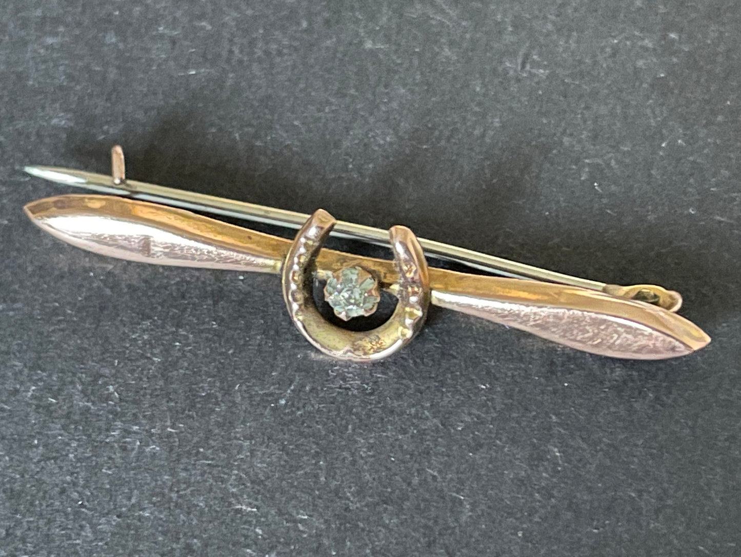 Antique 9ct gold and clear stone horseshoe bar brooch, gorgeous petite equestrian pin, yellow and rose gold hues