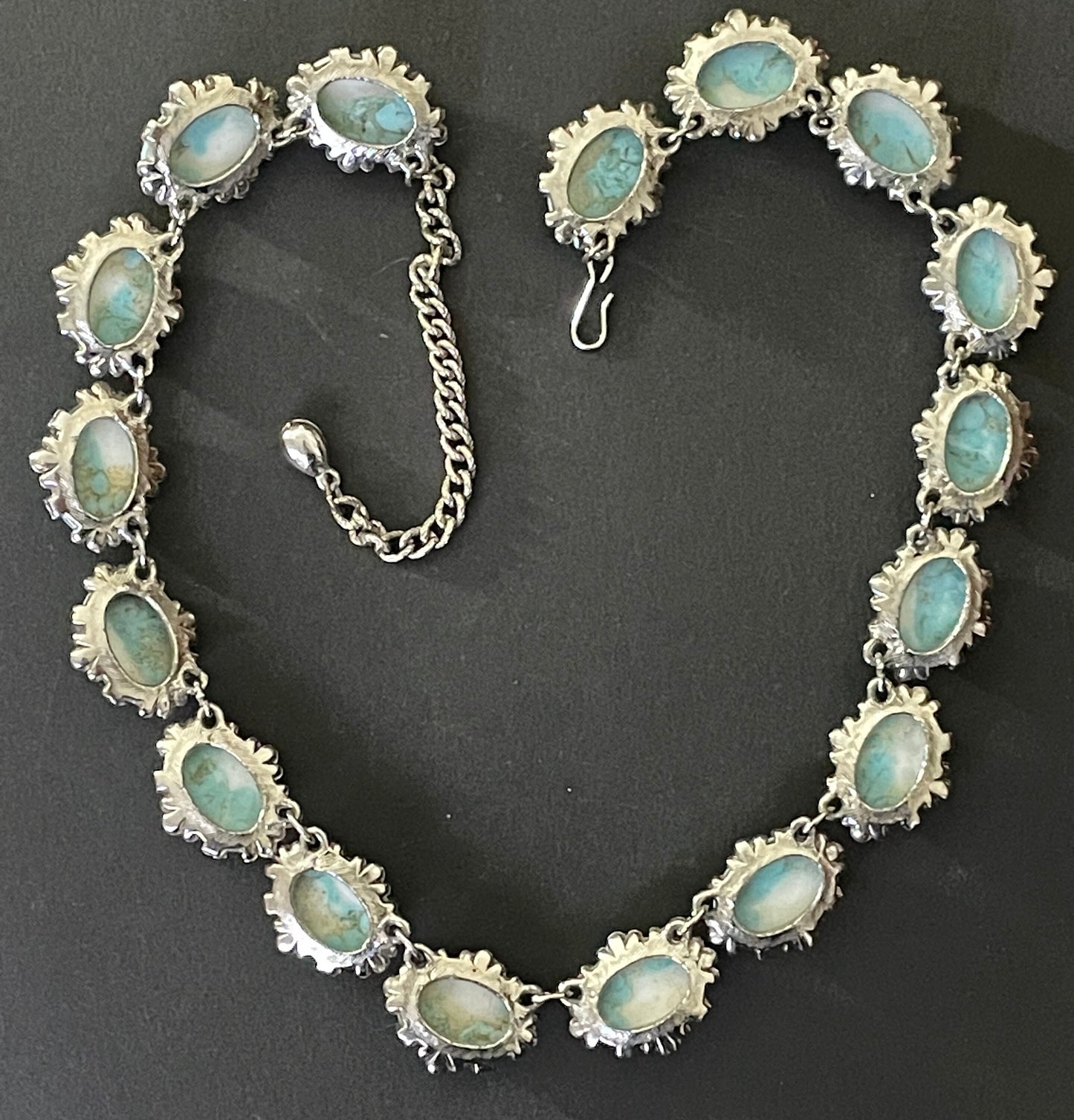 Vintage Sphinx turquoise glass riviere necklace, heavy, bezel set, open-backed stones in ornate silver tone setting