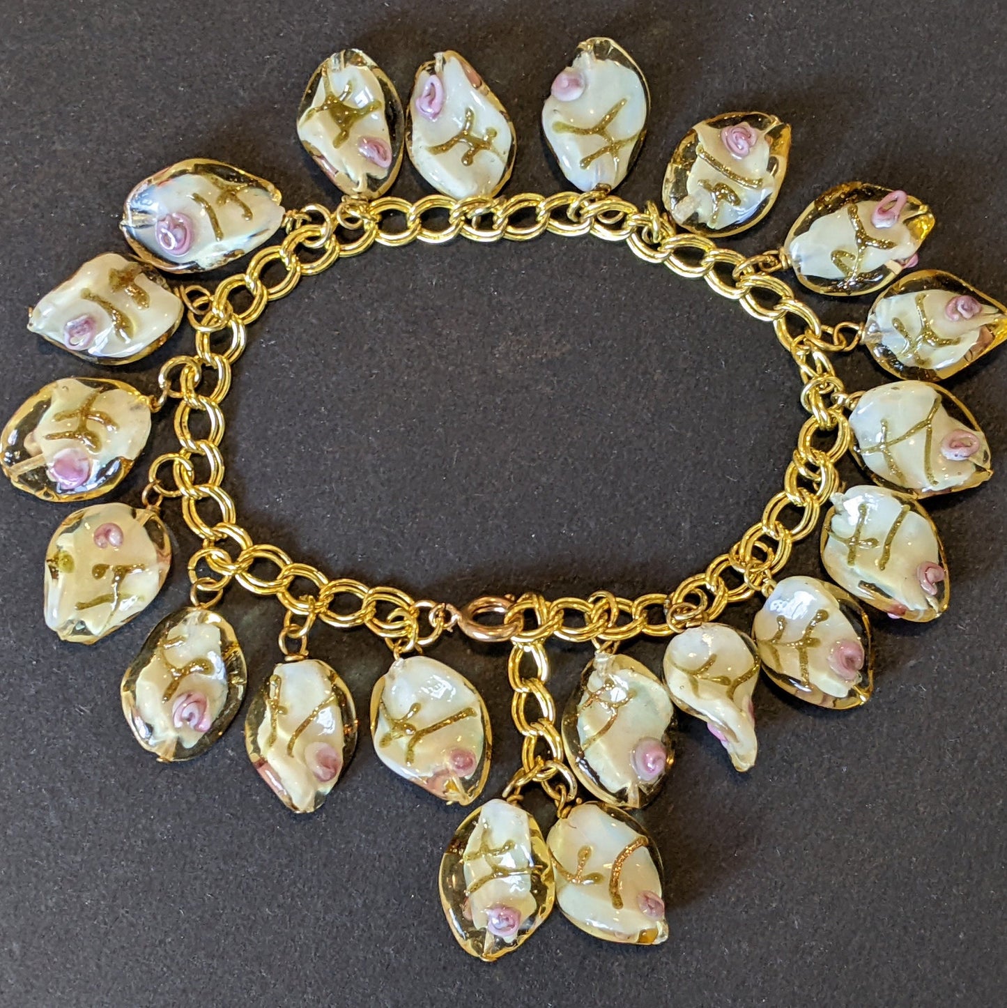 Vintage Art Deco Venetian wedding cake glass bead and gold tone charm bracelet, white, pink and gold, floral rose design, beautiful