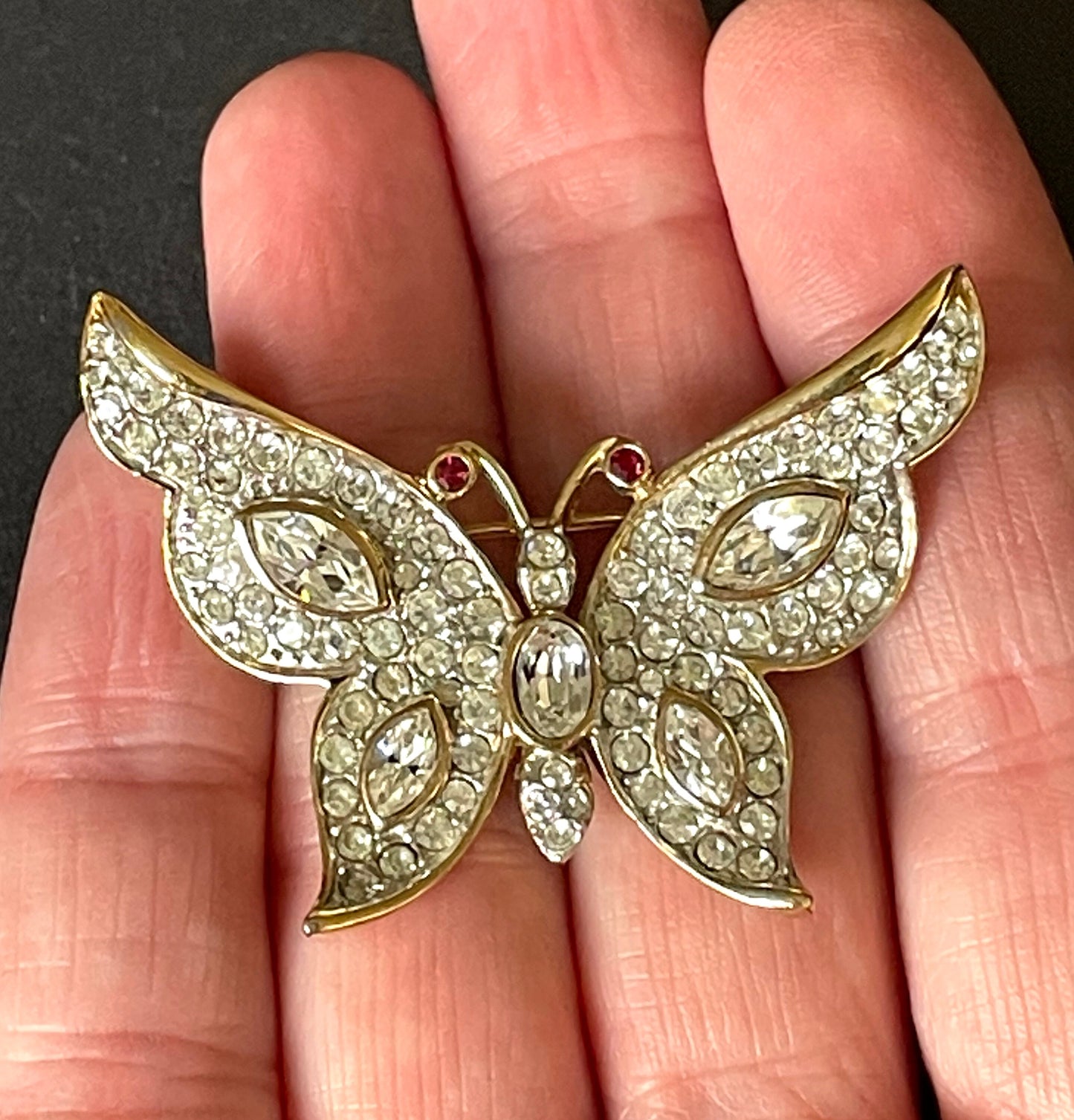 Vintage Attwood and Sawyer A&S signed ornate butterfly brooch, rhinestone encrusted and gold plated 1980s