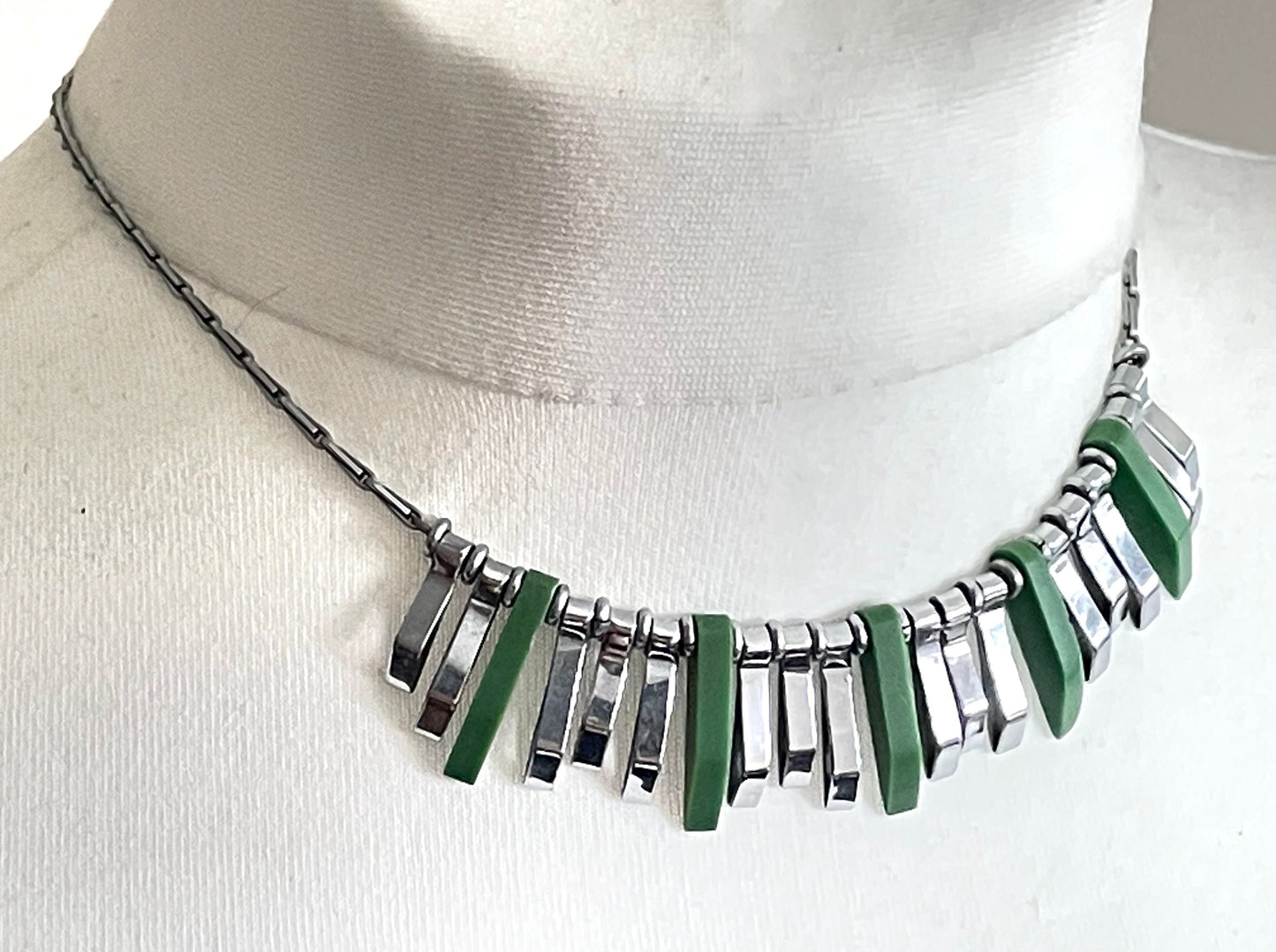 Vintage Jakob Bengel Art Deco machine age necklace, beautiful bright green galalith 3D geometric shapes with shiny silver tone chrome