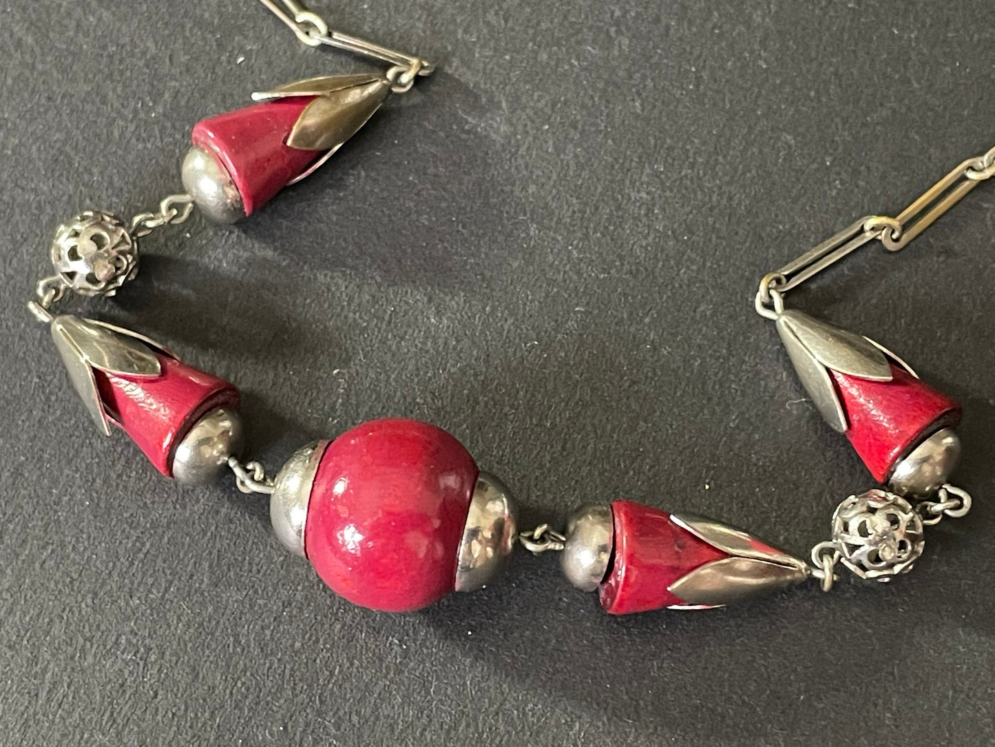 Vintage Jakob Bengel Art Deco machine age silver tone / chrome and deep cherry red galalith bead chunky geometric statement necklace