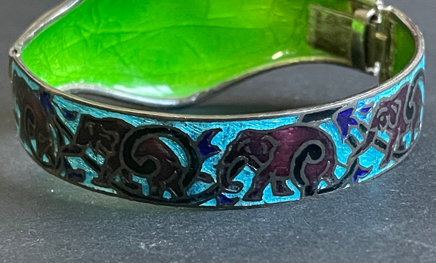 Vintage beautiful Rajasthani silver and brightly coloured enamel elephant design Indian hinged bangle, vibrant blue, green and deep red