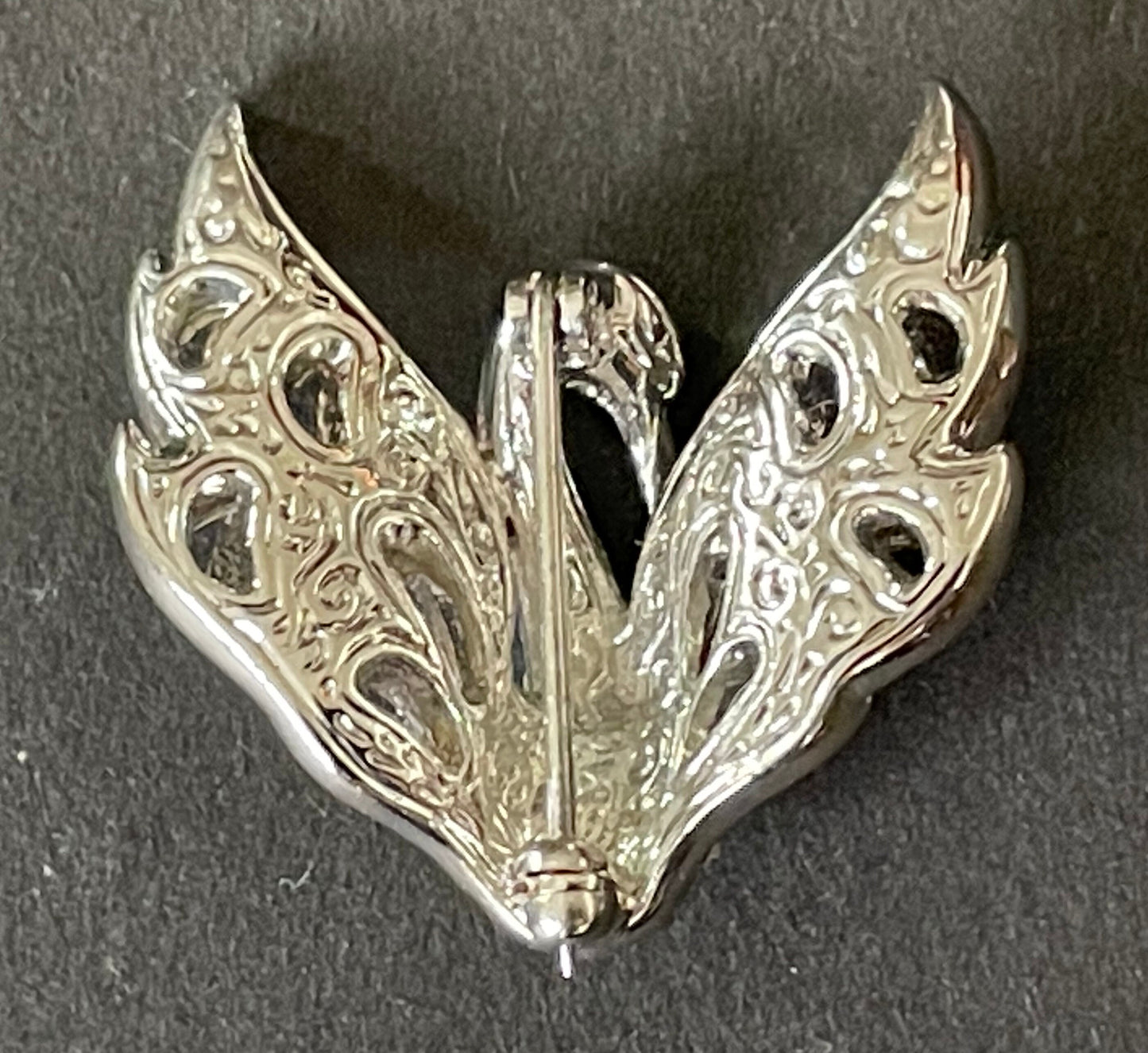 Vintage Attwood and Sawyer (A&S) signed swan brooch - shiny silver tone, clear and red rhinestones