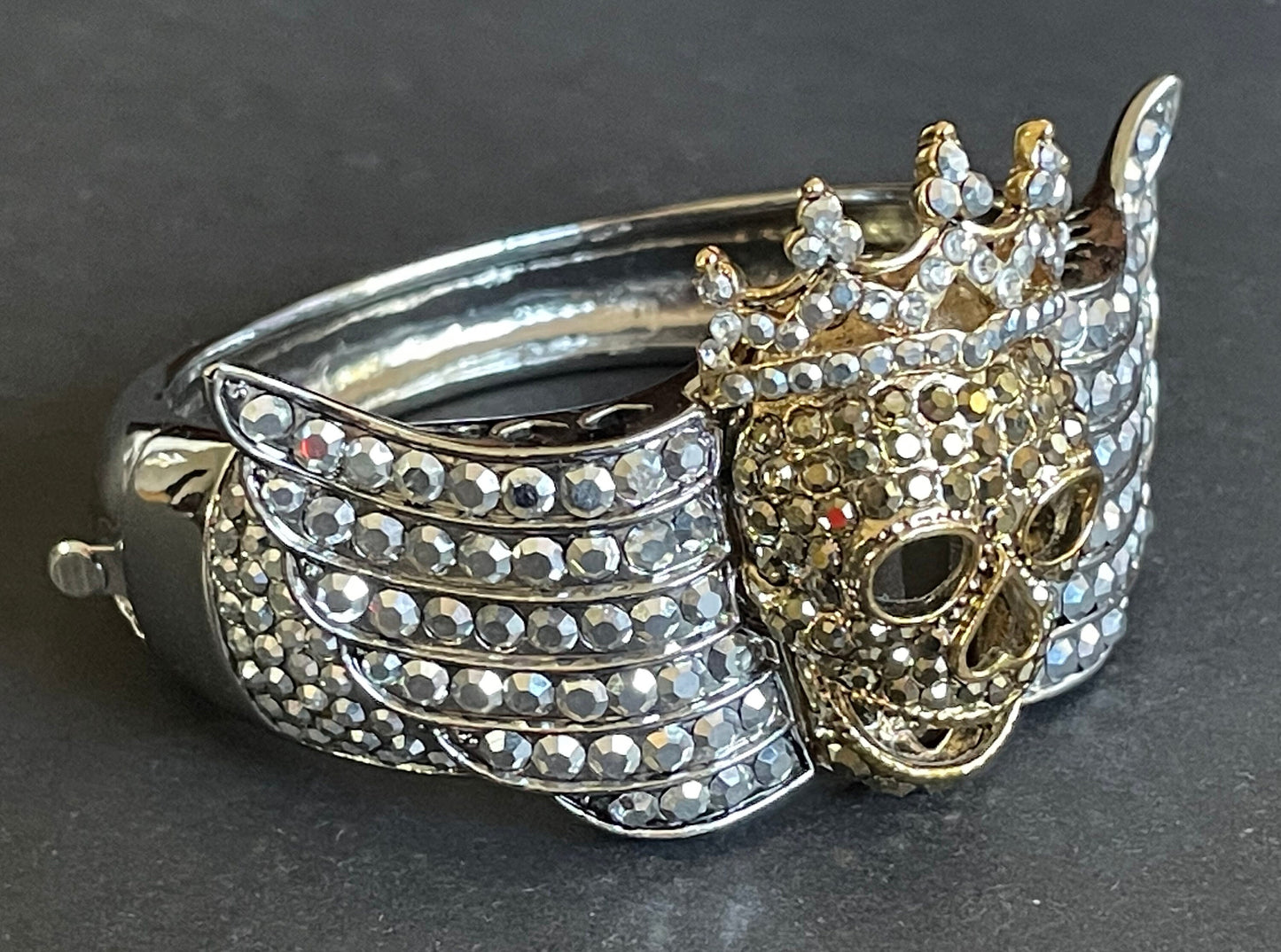 Huge vintage Butler and Wilson (B&W) signed winged skull with crown metallic rhinestone clamper bangle bracelet