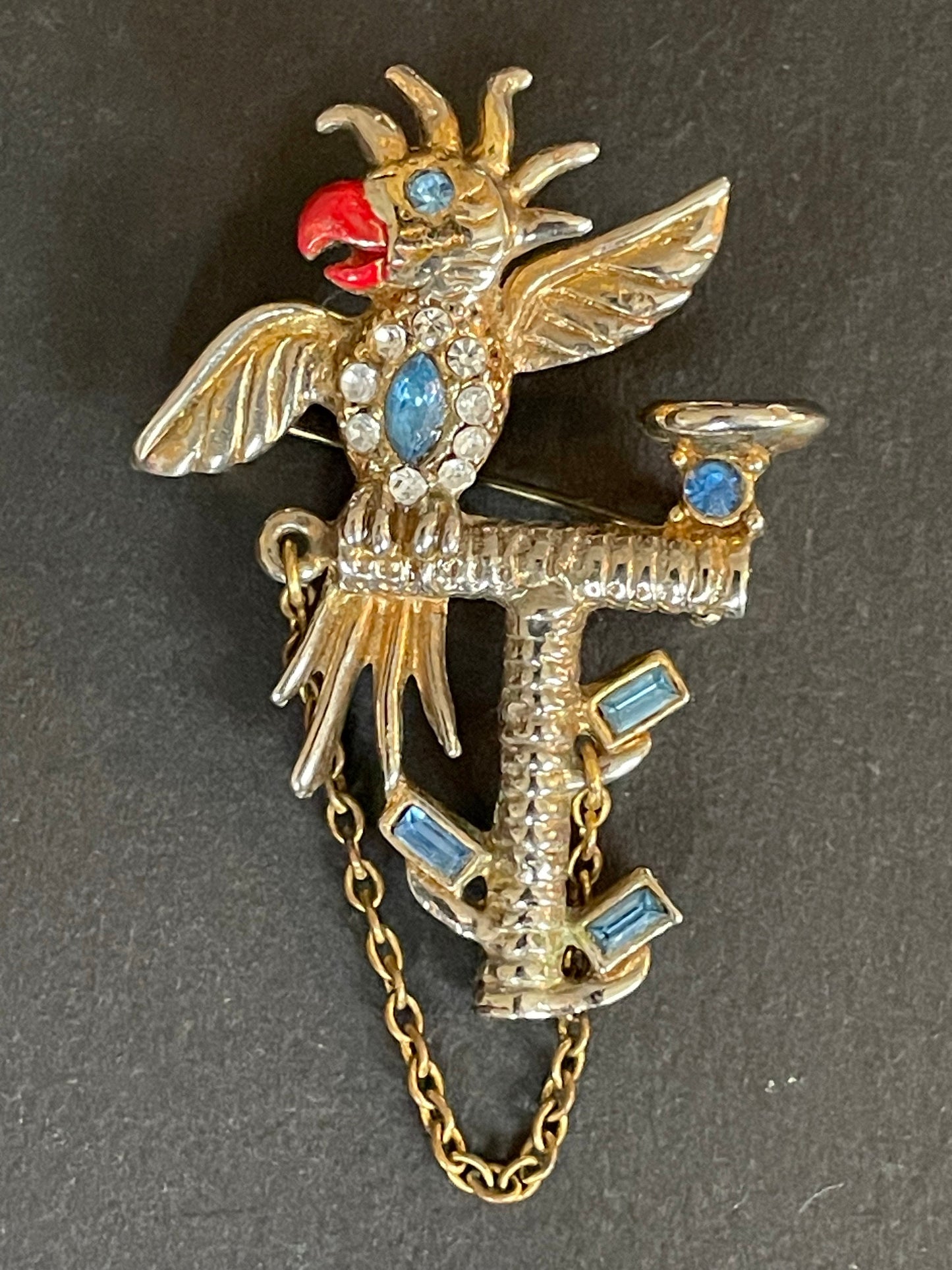 Vintage parrot / cockatoo pet bird figural brooch, gold tone with red enamel and colourful rhinestones, pot metal, Bauman Massa style?