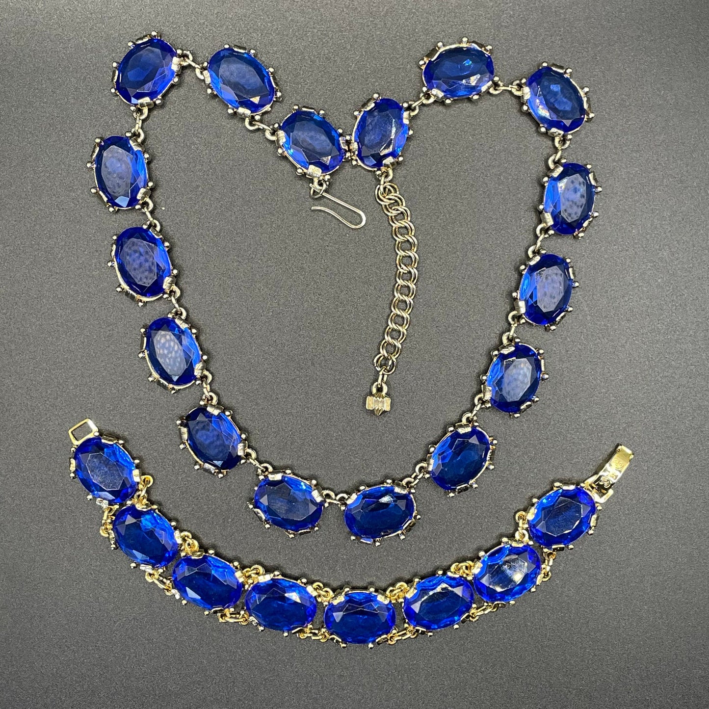 Vintage vibrant royal blue large crystal riviere necklace and bracelet set, by Sphinx, a very rare colour