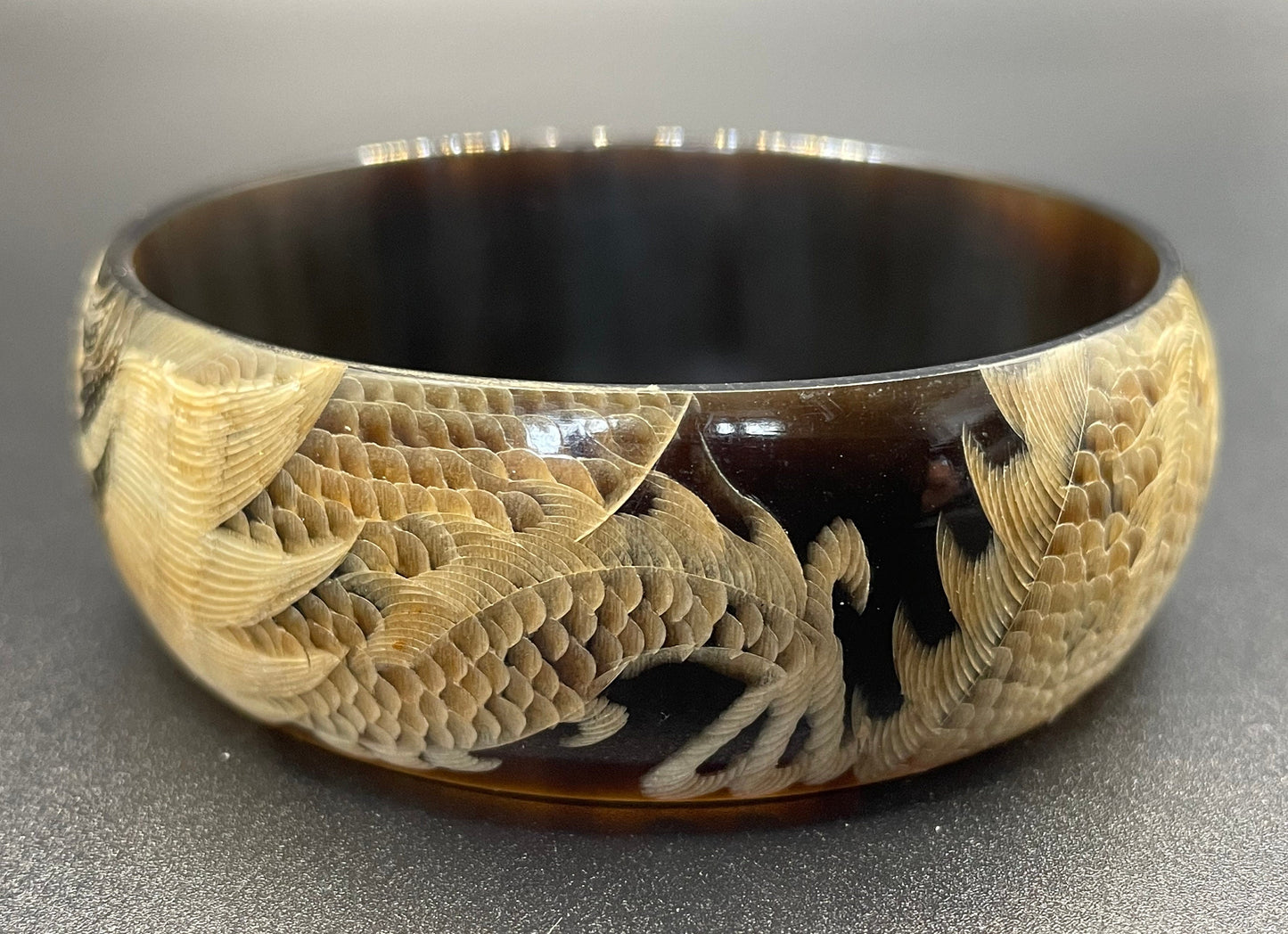 Vintage / antique beautifully carved bangle made of buffalo horn, dragon design, stunning quality