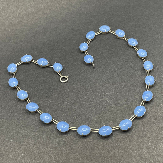 Vintage Sterling silver Art Deco bezel set baby blue glass cabochon riviere necklace, open-backed large oval stones, hallmarked