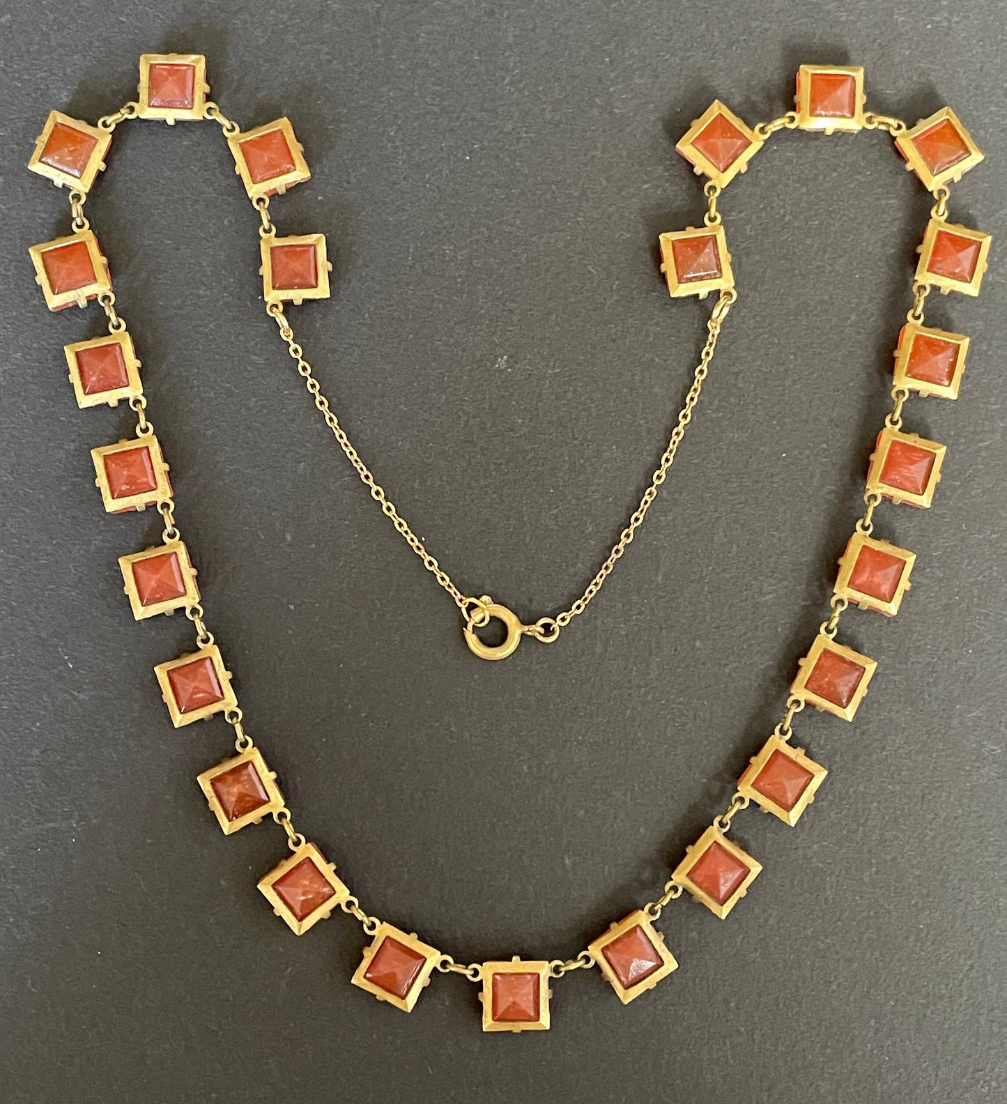 Vintage Art Deco uranium glass Carnelian coloured square stone riviere necklace, bezel set, open backed, vibrant orange and gold tone