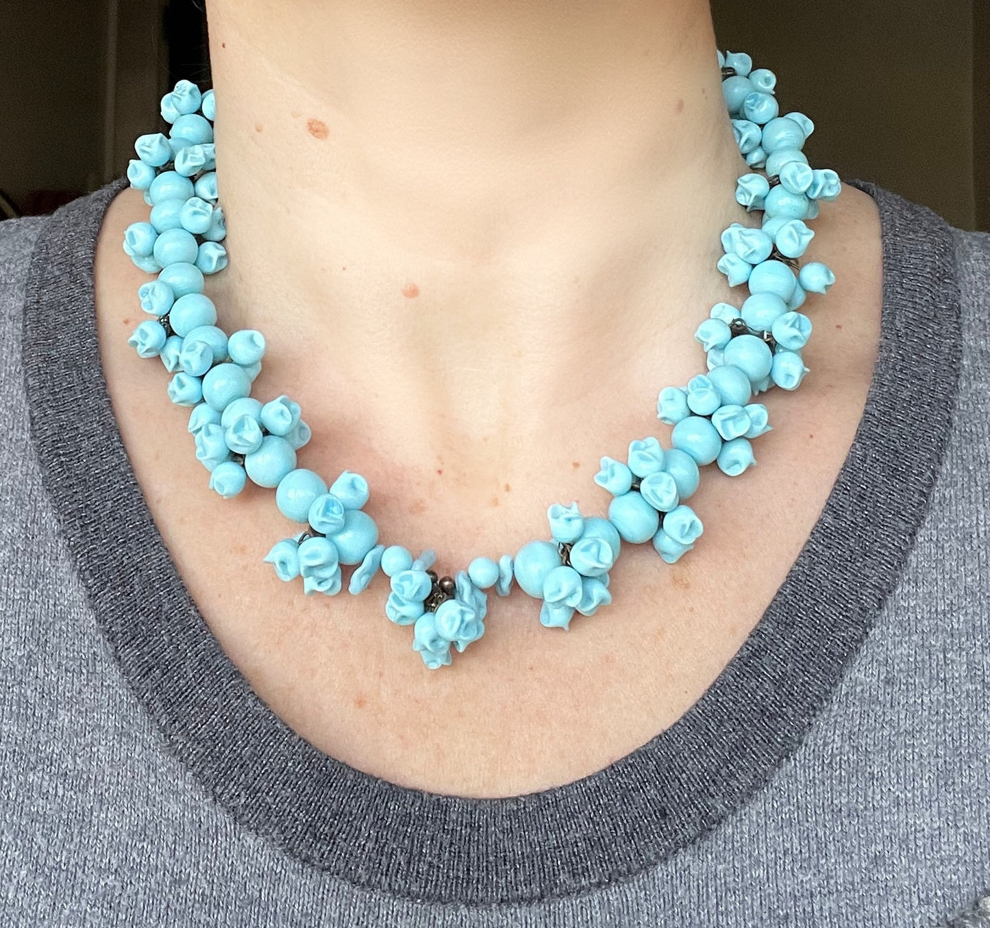 Large, heavy vintage baby blue poured or moulded milk glass beaded garland necklace