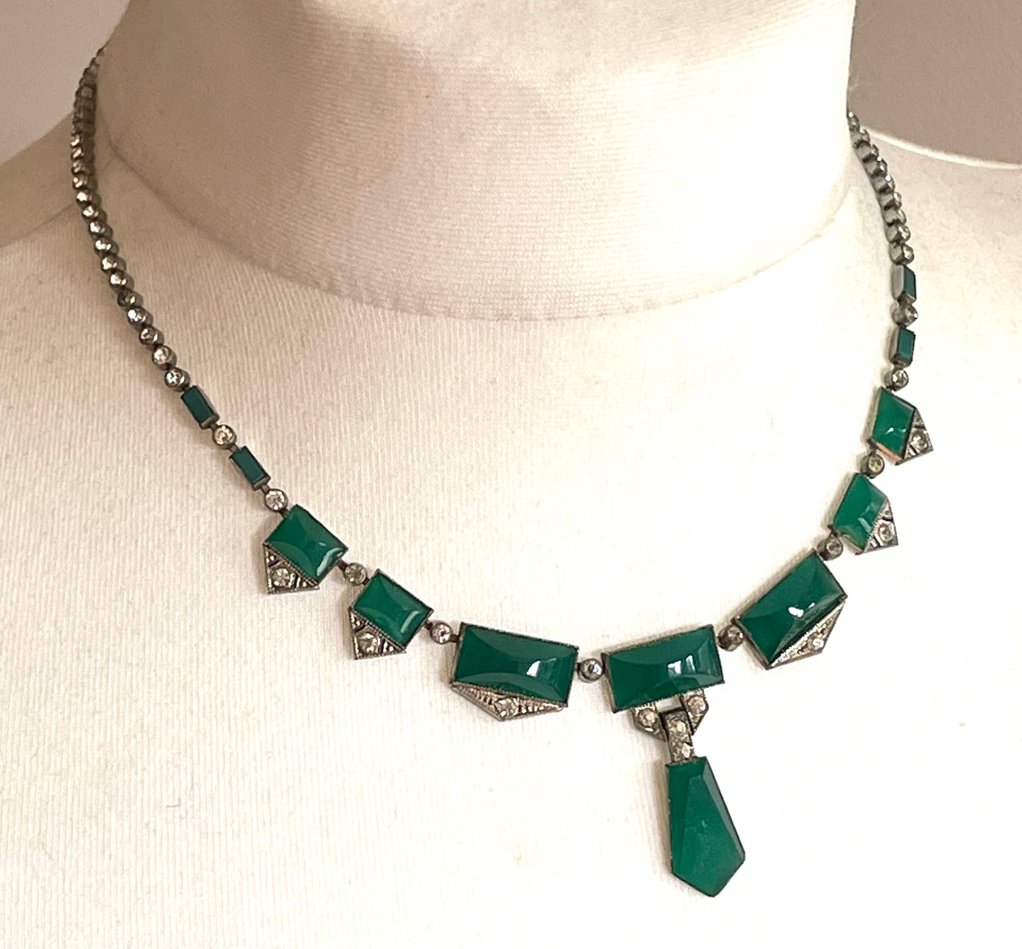 Vintage Art Deco Czech deep green moulded glass and silver tone necklace with collet set clear rhinestones in riviere style