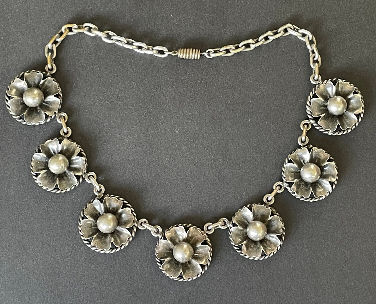 Vintage Art Deco machine age chrome floral necklace from the 1930s - possible Jakob Bengel