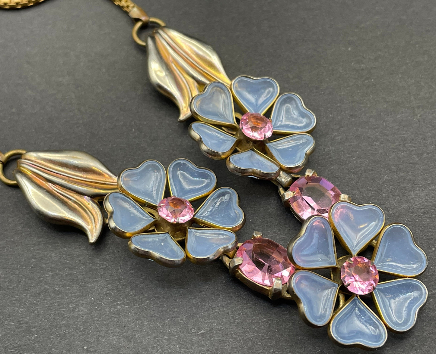 Rare vintage possibly Crown Trifari Alfred Philippe pale blue poured glass & pink rhinestone gold tone floral choker necklace, unsigned