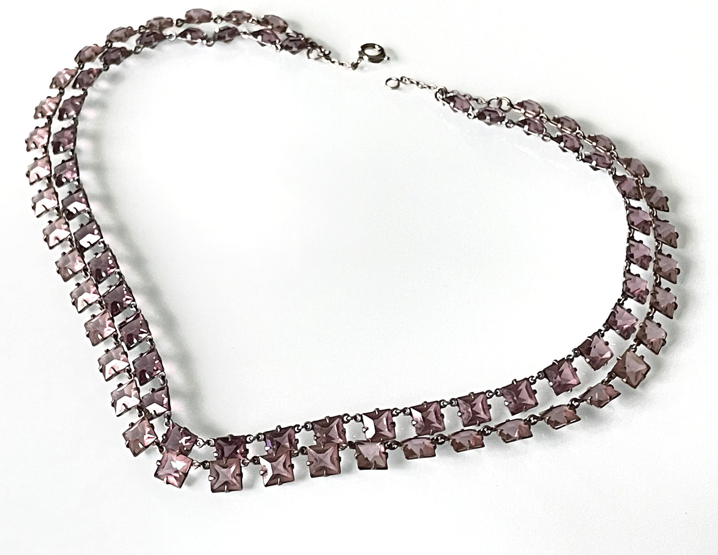 Vintage Art Deco amethyst purple and violet princess cut (square) crystal riviere necklace, double strand, bezel set, open backed