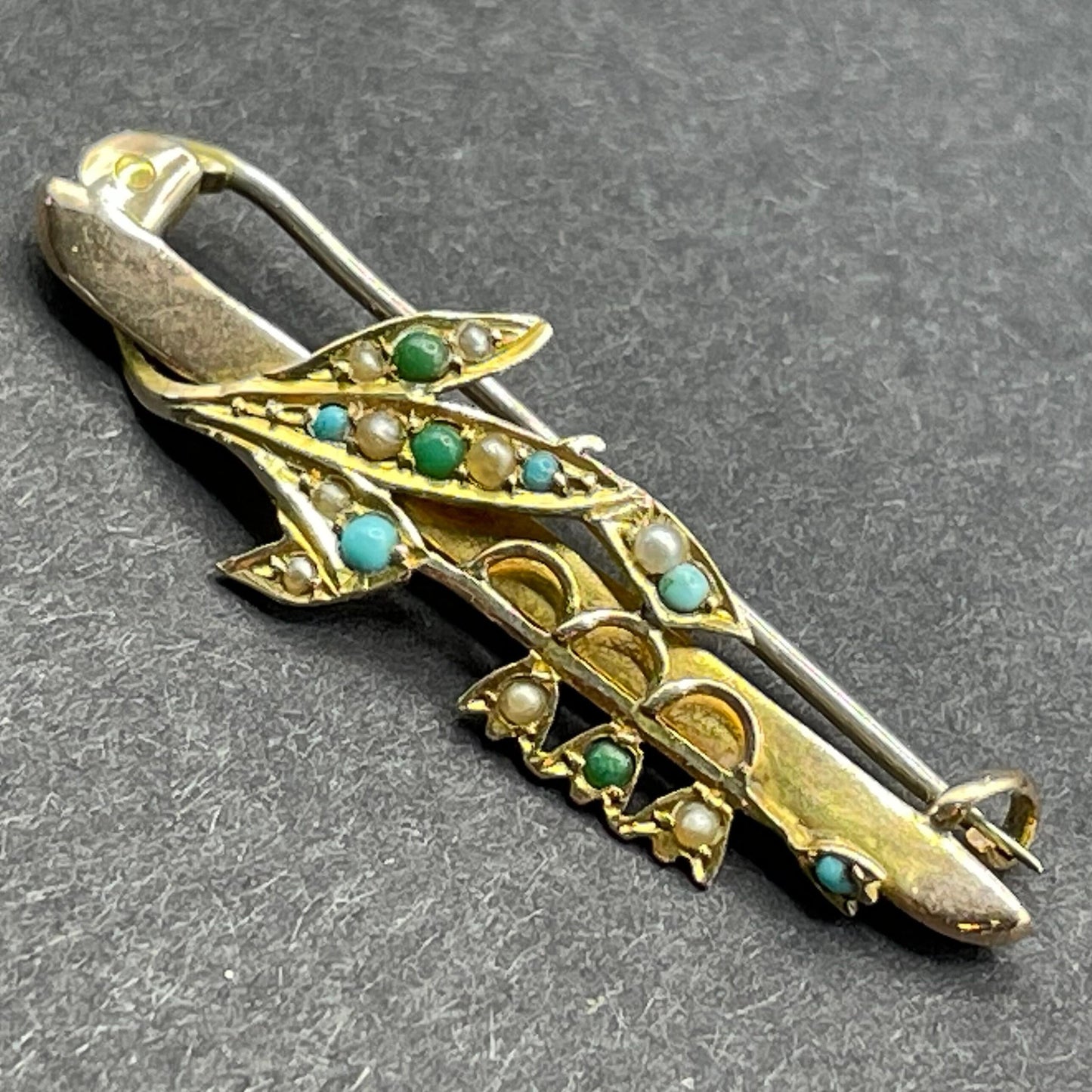 Antique floral lily of the valley brooch in 9ct gold decorated with real seed pearl cabochons and real Persian turquoise cabochons