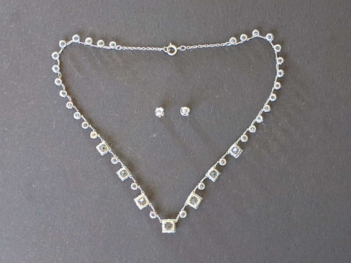 Vintage Art Deco clear paste riviere necklace, bezel set open backed round & square cut rhinestones, with free stud earrings