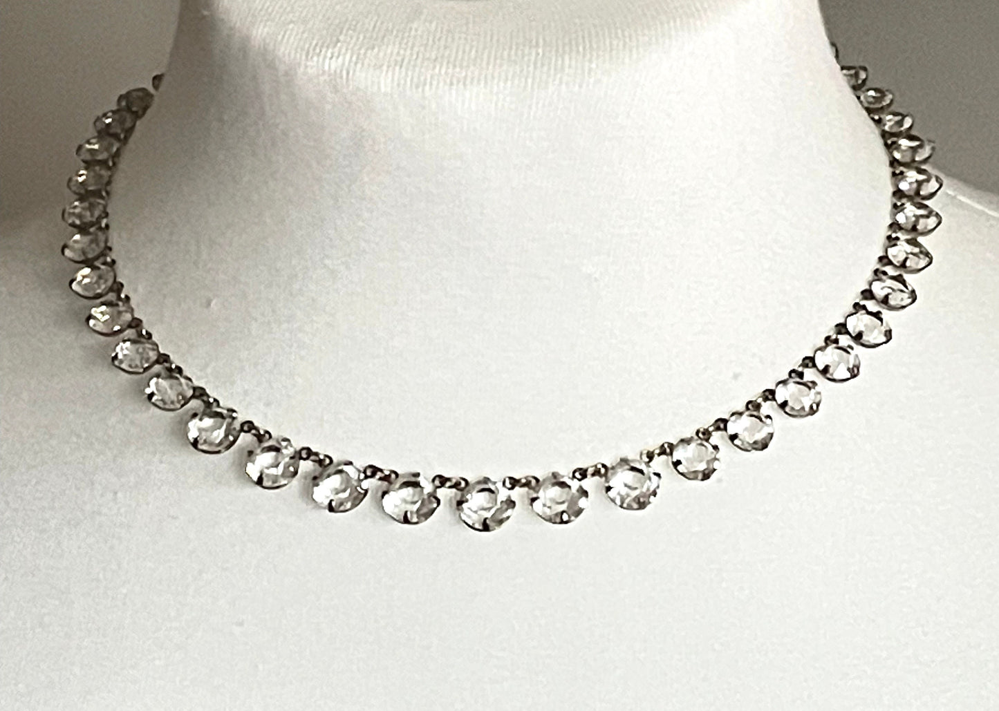 Vintage sterling silver gold vermeil Art Deco diamond clear crystal rhinestone riviere choker necklace, bezel set, open backed