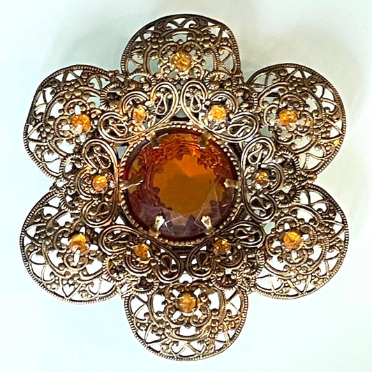 Huge vintage Max Neiger style Art Deco topaz orange glass rhinestone Czech brooch in antique gold tone filigree