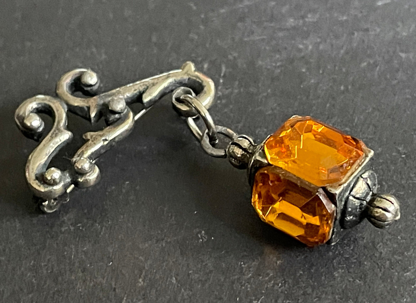 Quirky vintage figural hanging lantern brooch with citrine / topaz yellow orange rhinestones set in silver tone