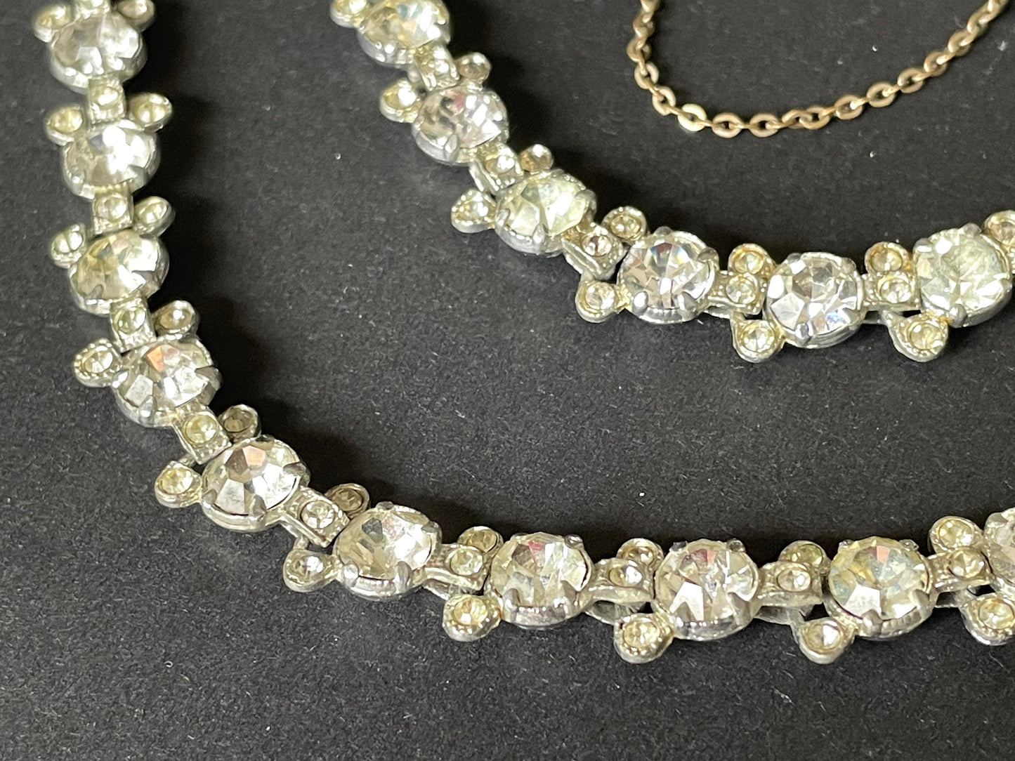 Vintage Art Deco ice clear paste and chrome silver tone machine age riviere choker necklace and cocktail bracelet demi-parure set