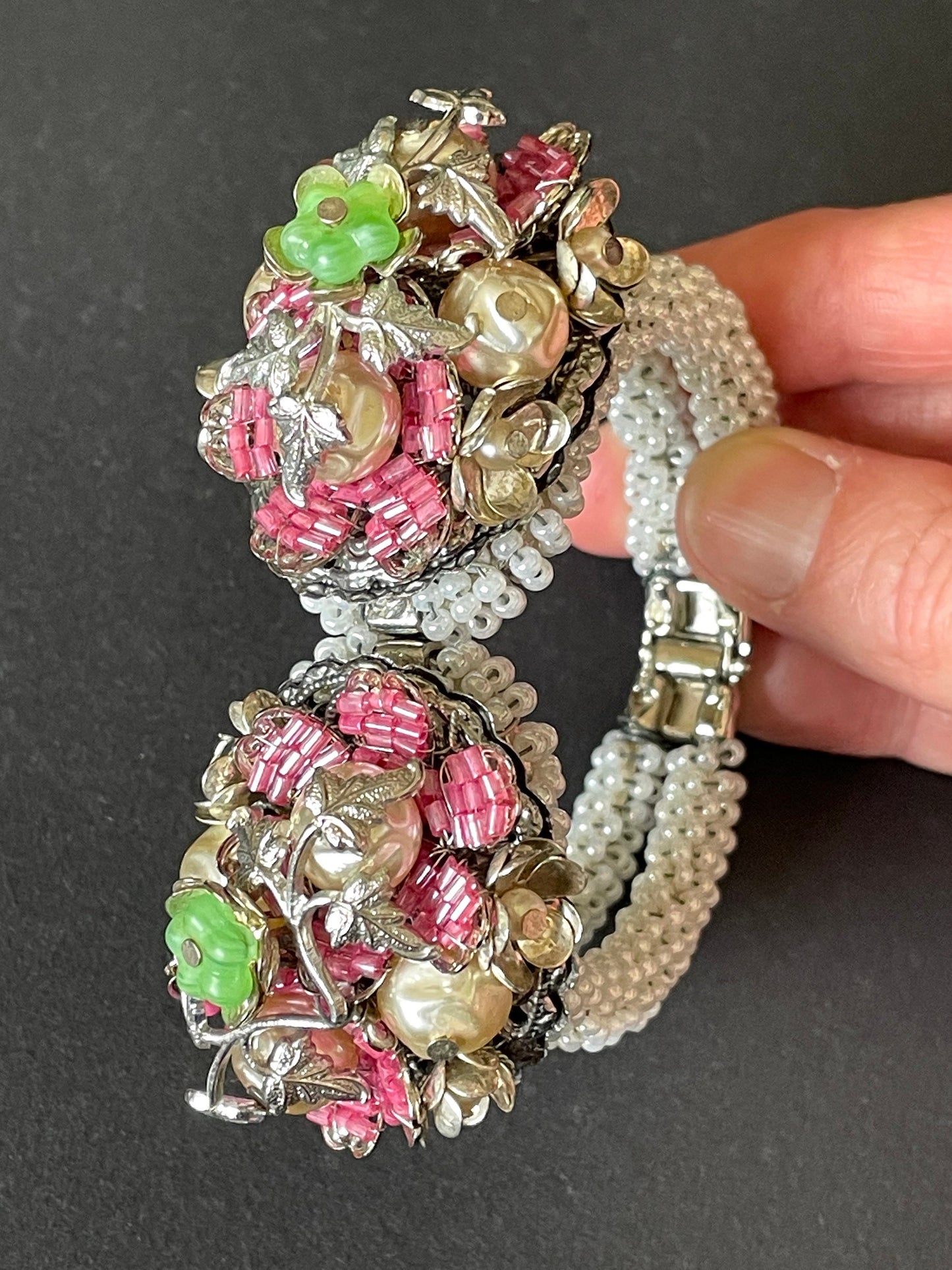 Vintage elaborate glass beaded floral clamper bangle with intricate micro beading and silver tone filigree, pink, green, white & faux pearl