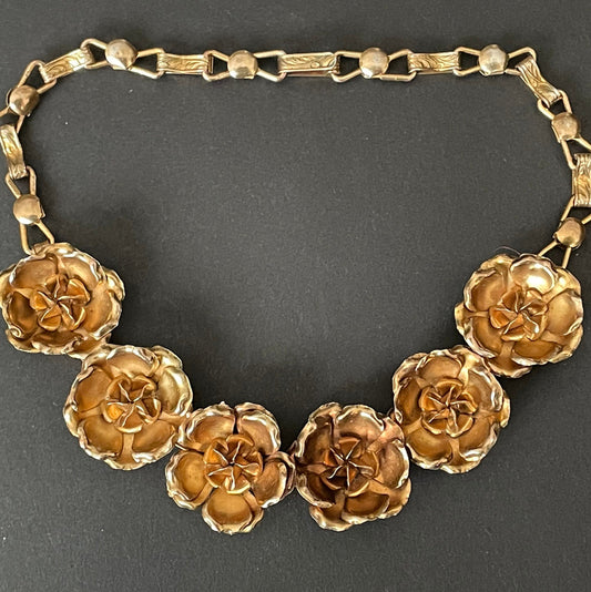 Vintage / antique sterling silver gilt floral panel necklace - fine jewellery, stunning quality, lion passant hallmark, 57 grams