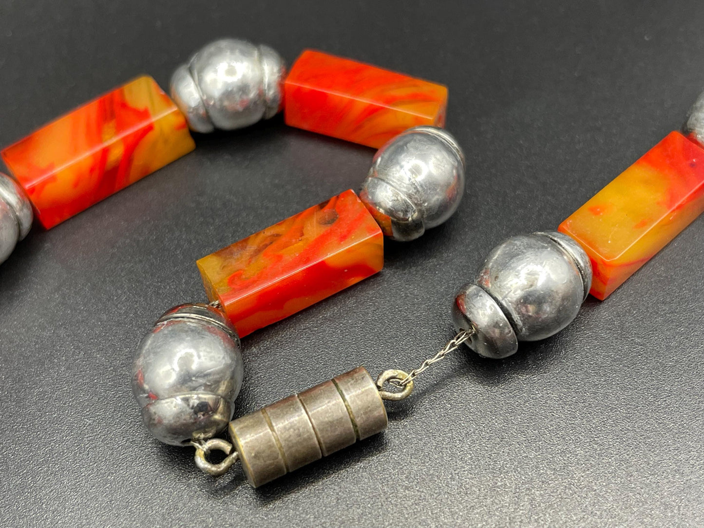 Vintage classic Art Deco geometric galalith (early plastic) bead fringe necklace, orange and chrome, on foxtail chain - Louis Rousselet ?