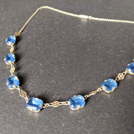 Vintage Art Deco Czech sapphire blue crystal paste and silver tone necklace, claw set open backed rhinestones, large baguette cut stones