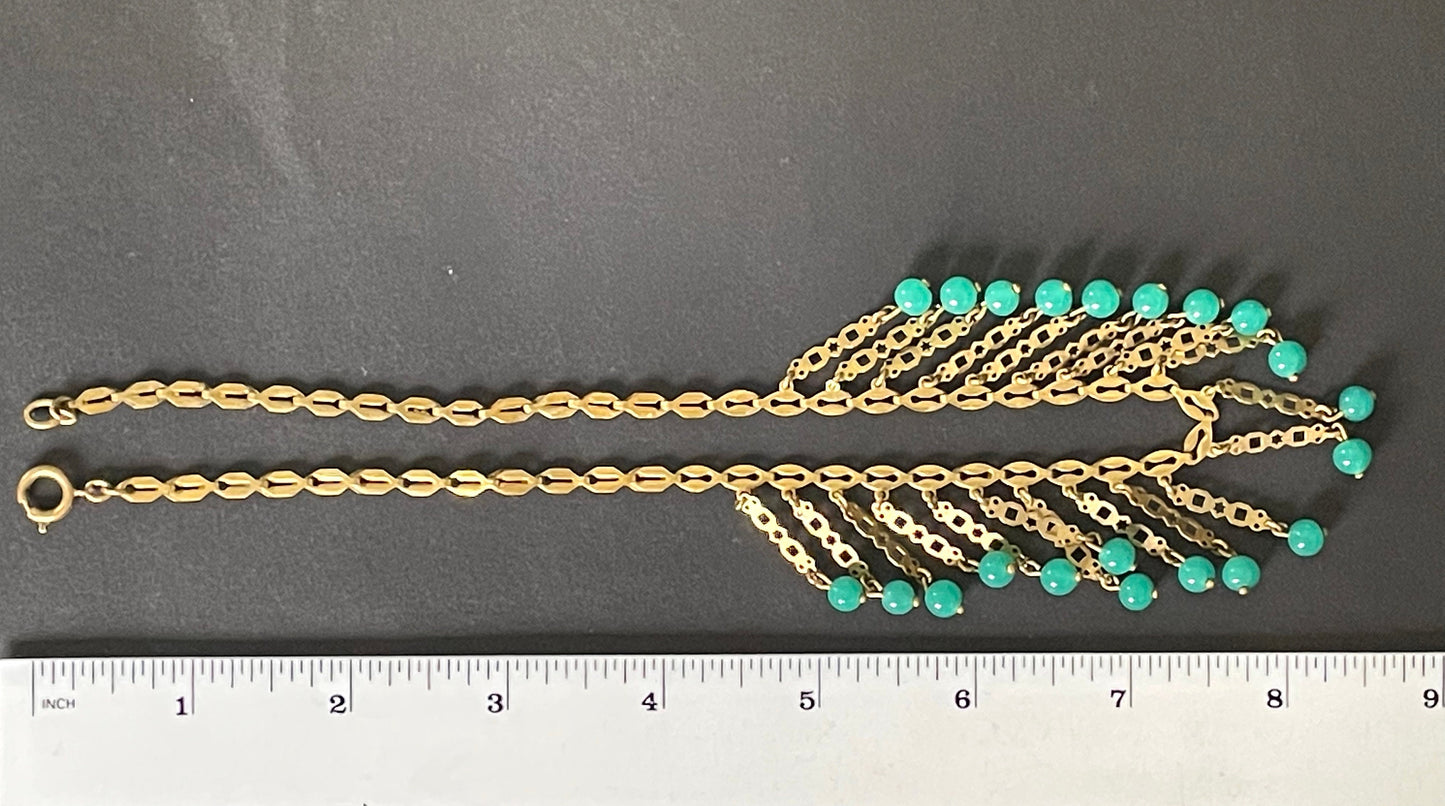 Vintage Art Deco machine age gold tone and jade green glass bead fringe necklace, beautiful workmanship, possible Jakob Bengel