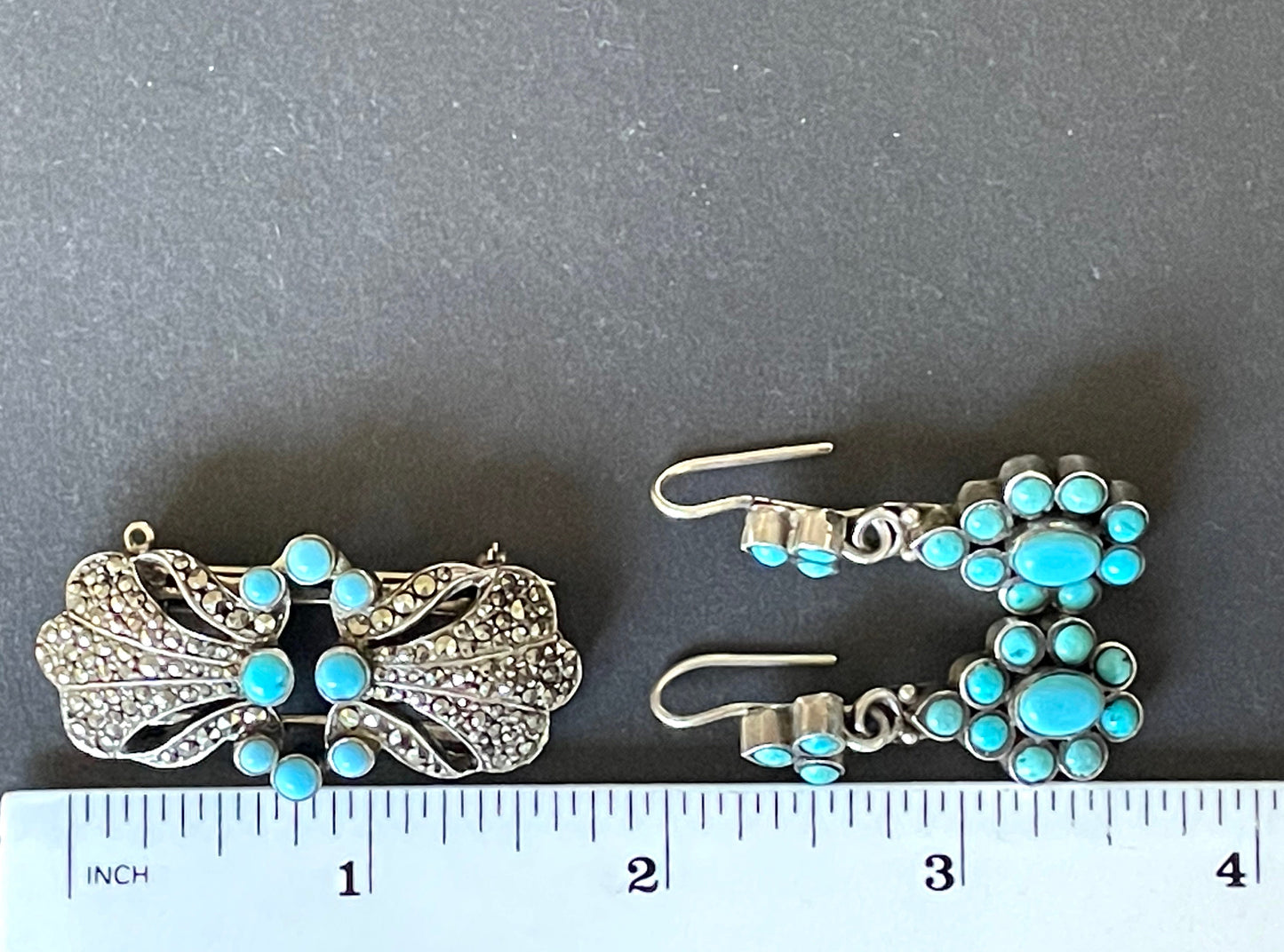 Vintage / antique sterling silver and turquoise duette (a brooch that can be converted to a brooch and 2 dress clips) and drop earrings set