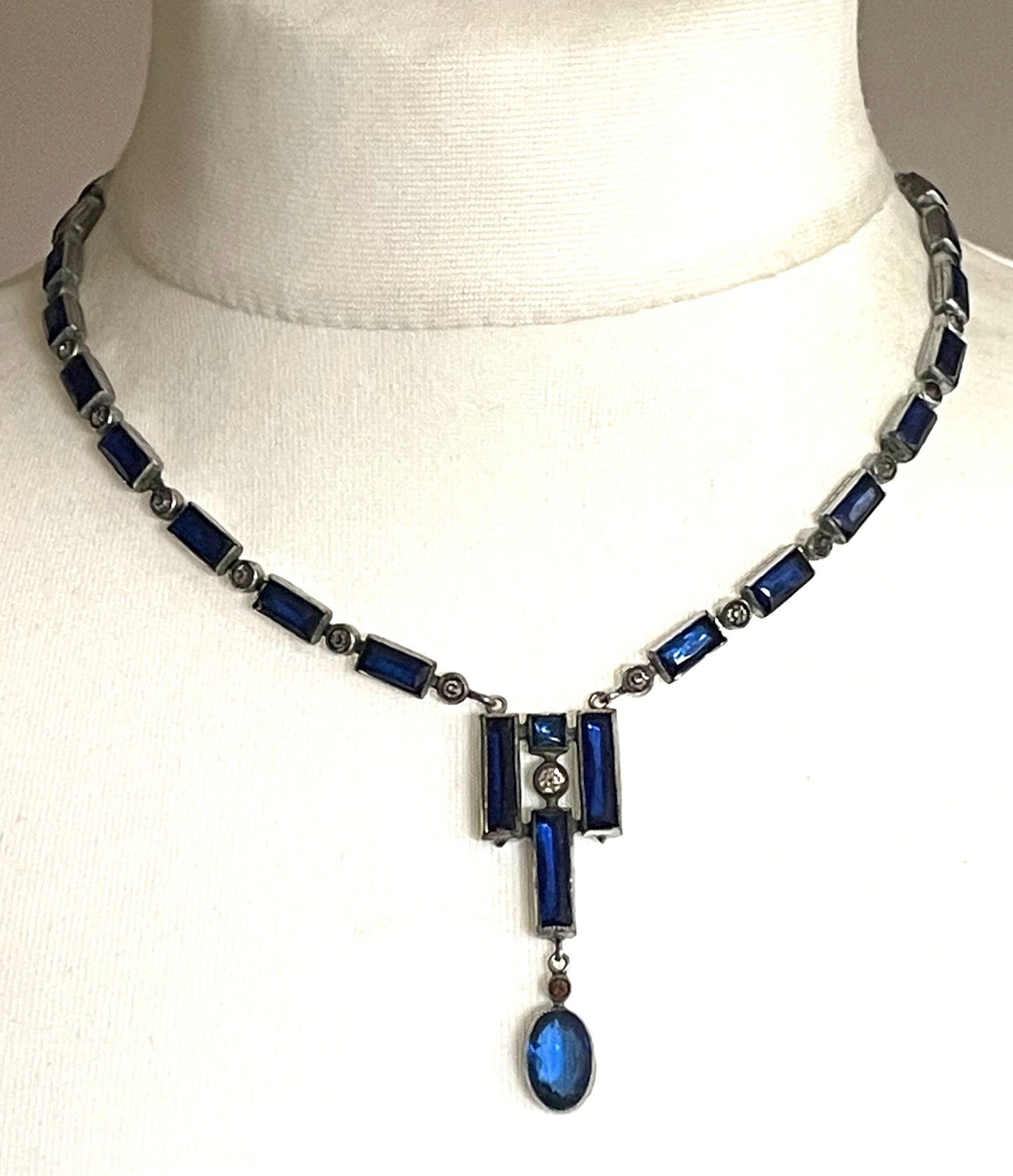 Vintage / antique Bristol blue and clear paste collet set crystal, silver plated riviere lariat necklace with baguette stones