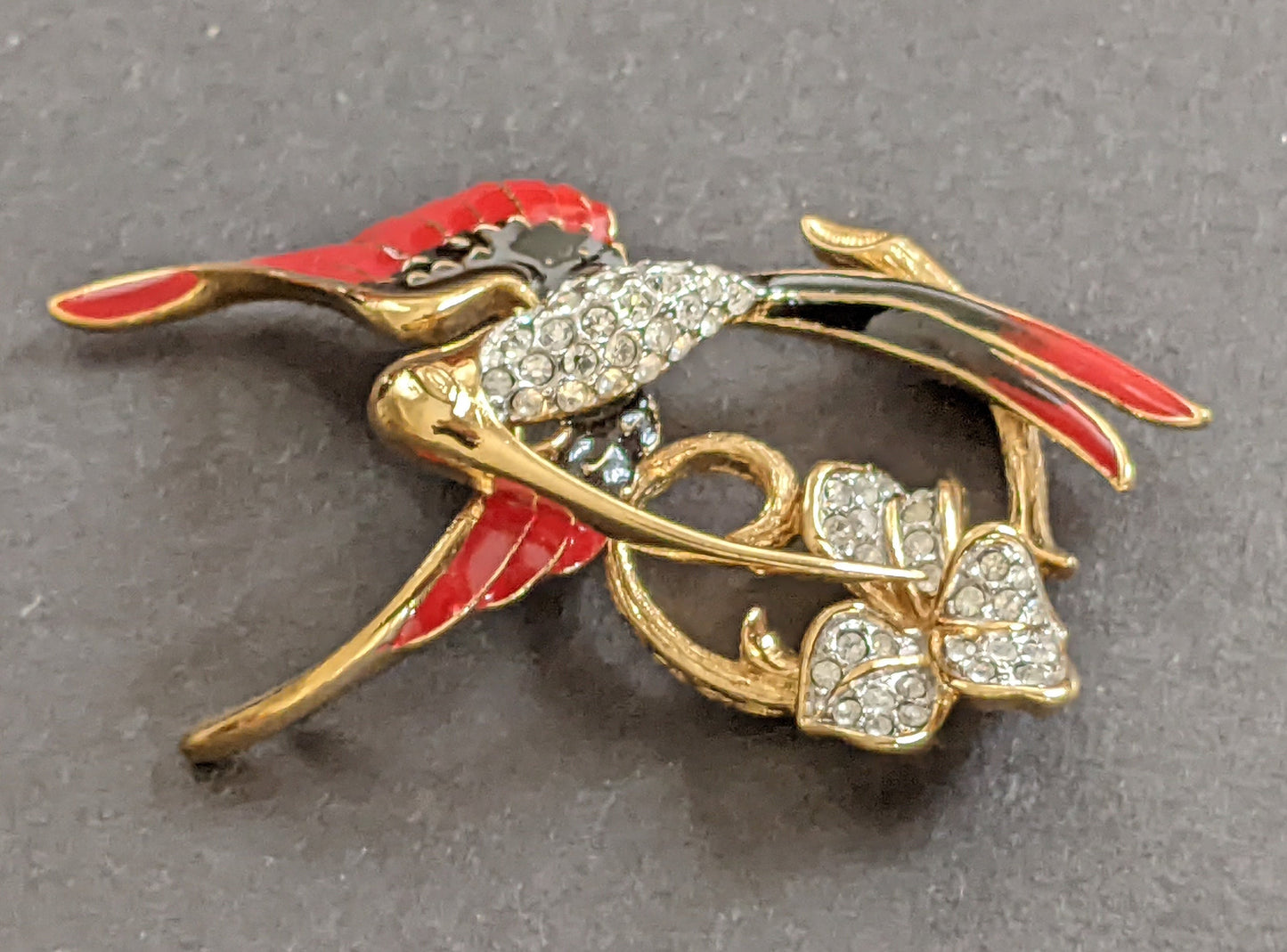 Vintage Attwood and Sawyer hummingbird brooch, gold plated, red and black enamel and rhinestone, signed A&S