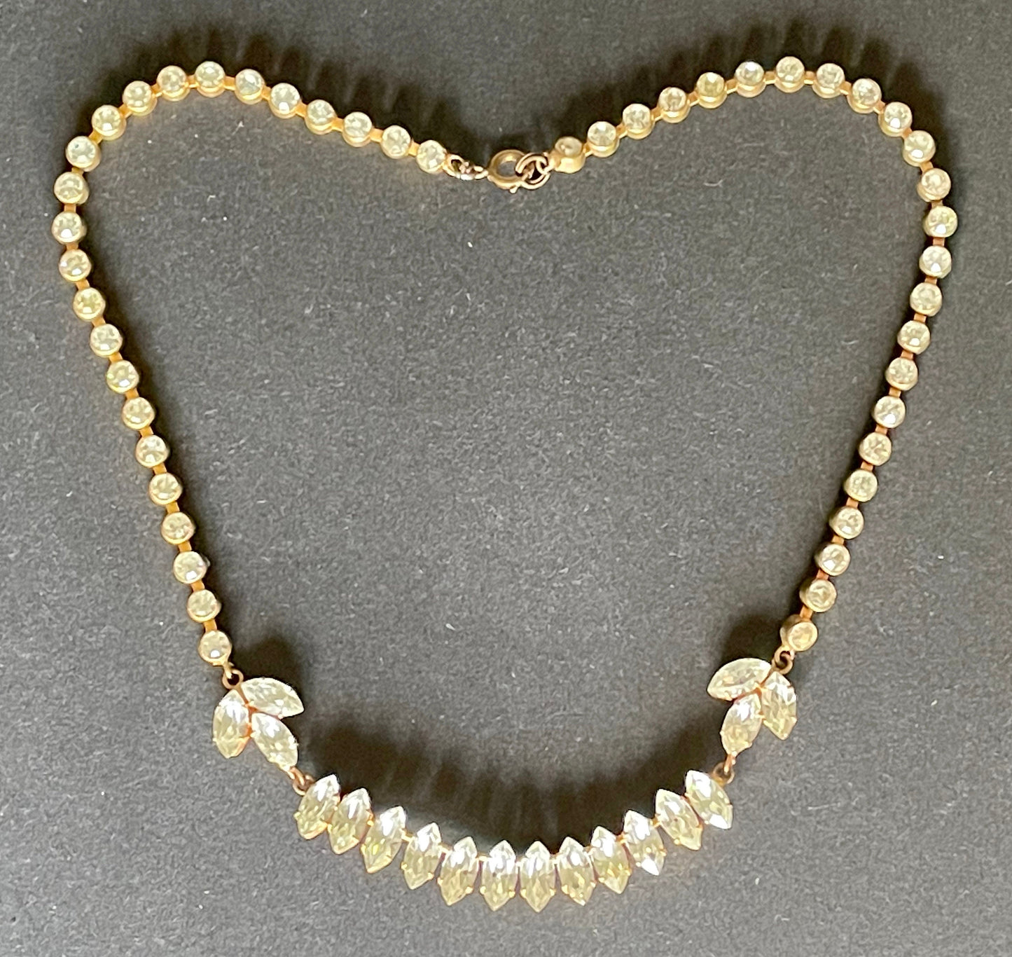 Vintage Art Deco Czech clear crystal paste and gold tone necklace, clear collet set rhinestone riviere with pretty marquise cut stones