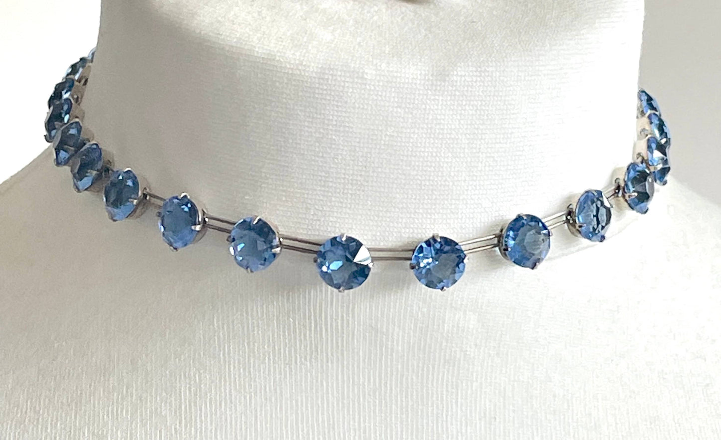 Vintage sterling silver Art Deco sapphire blue chaton cut crystal rhinestone riviere necklace bezel set, open backed