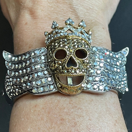 Huge vintage Butler and Wilson (B&W) signed winged skull with crown metallic rhinestone clamper bangle bracelet