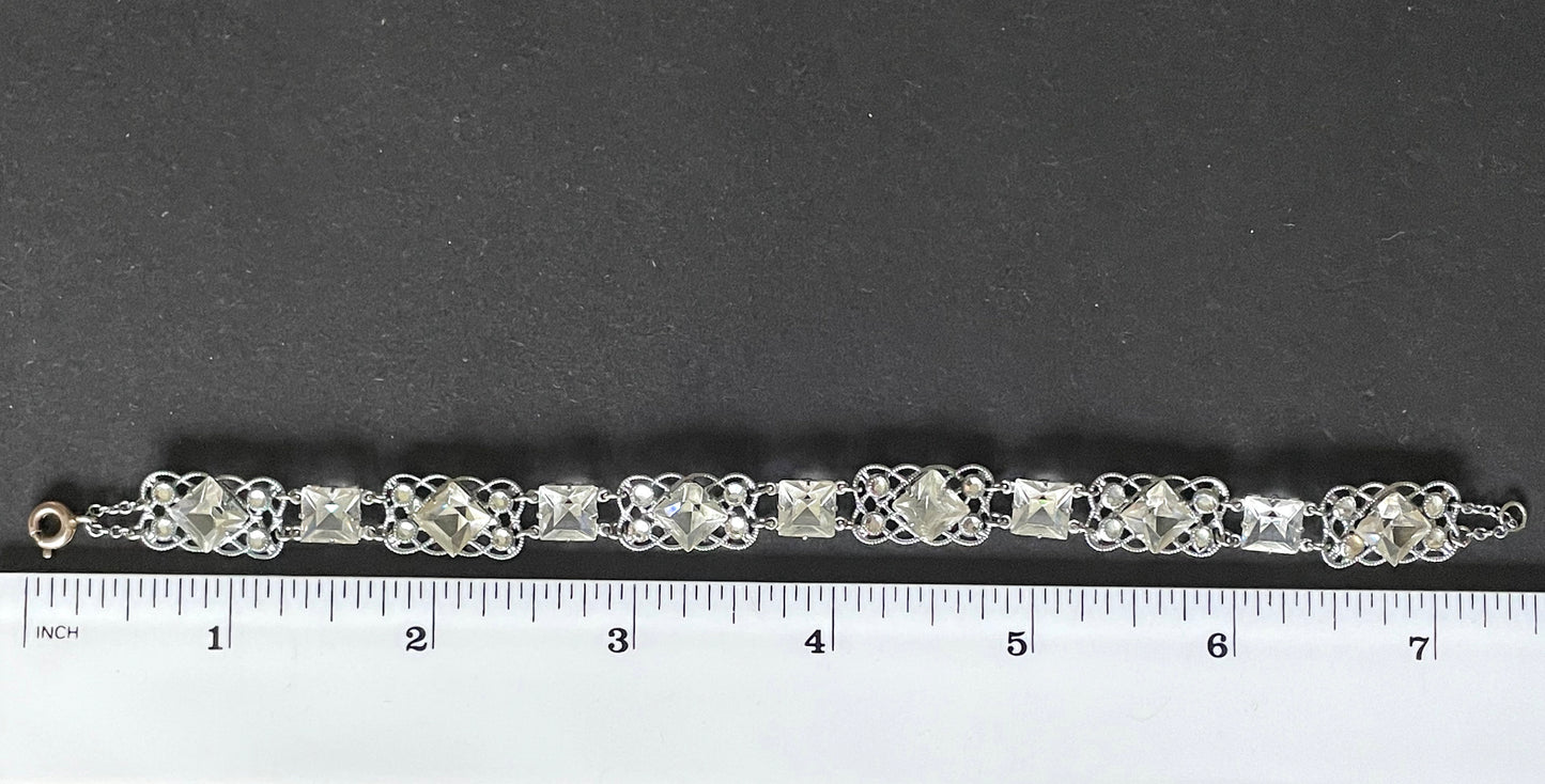 Vintage bracelet, Art Deco paste rhinestone and open backed princess cut crystal geometric silver tone filigree cocktail bracelet