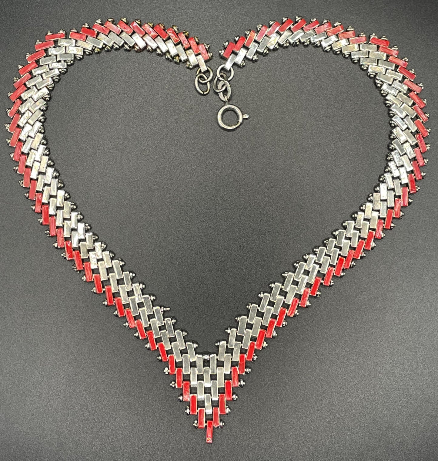 Vintage Jakob Bengel Art Deco brickwork / mauerwerk machine age shiny chrome silver tone necklace, red enamel embellishment