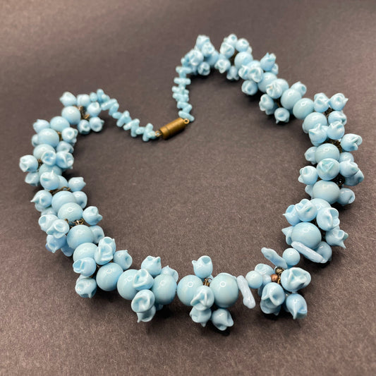 Large, heavy vintage baby blue poured or moulded milk glass beaded garland necklace