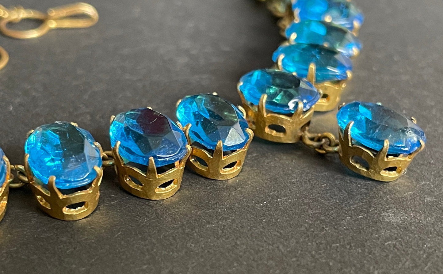 Antique Victorian bright sapphire blue paste riviere Y necklace, open backed large stones