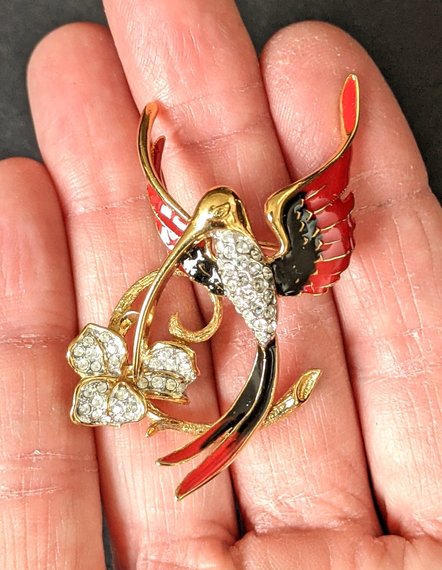 Vintage Attwood and Sawyer hummingbird brooch, gold plated, red and black enamel and rhinestone, signed A&S